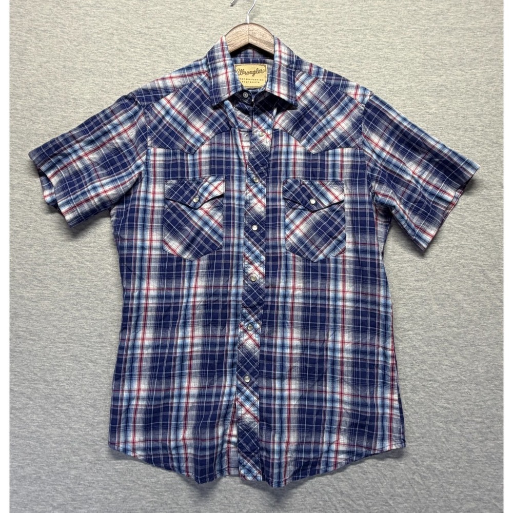 Wrangler Western Shirt Mens Medium Multi Plaid Short Sleeve Collared Pearl Snap